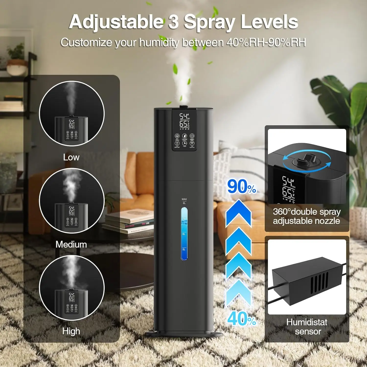 RUNAL H786 8L Smart Ultrasonic Air Humidifier Large Capacity Electric Tower Room Rotating H2O White Black AC Power Aromatherapy
