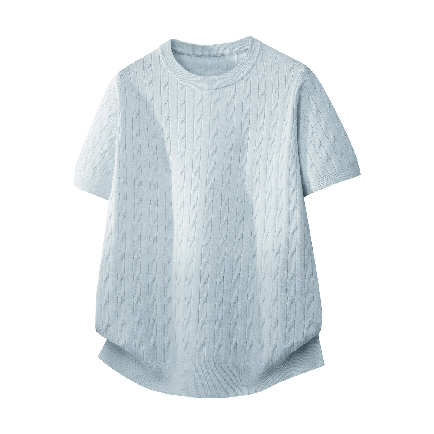 Men's Embossed Cable Knit Short-Sleeve T-Shirt, 51.4% Viscose Fiber, 28.7% Polyester, Soft Stretch Ribbed Crew Neck, Casual Regular Fit