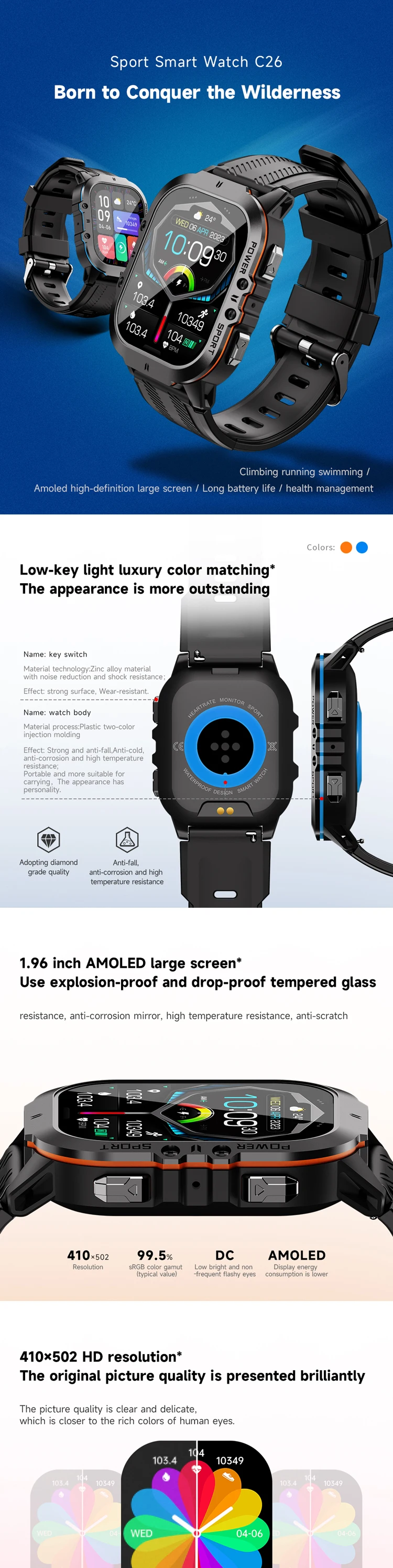 Fashion C26 Smart Watches 350mah Large Battery 1atm Waterproof Square ...