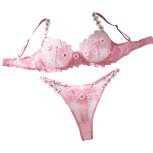 Hot Sale Underwear Woman Embroidery Floral Lingerie Fine Lace See Through Bra Panty 2 Pieces Set Sexy Lingerie