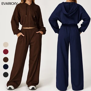 Custom Fall Winter Women's High Waist 2 Piece Set Tracksuit Sweat Suits Jogger Sports Outfits Sweatpants Hoodie Breathable