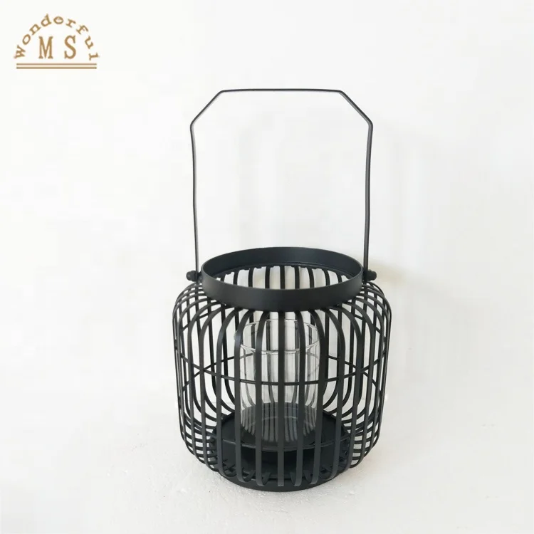 Outdoor Hanging Decorative black metal lantern with LED candle light, retro round birdcage style garden hanging metal lamp