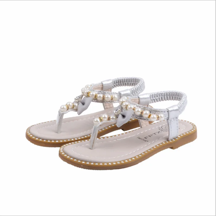 
 Новинка лета 2020, модные детские сандалии на плоской подошве с жемчугом для девочек, детская пляжная обувь с откидным носком, обувь принцессы с бантом  