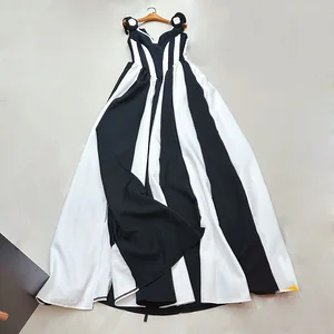 Factory Wholesale Party Dress Women Sleeveless V-Neck Black White Contrast Color 3D Flower Retro Classic Fashion Striped Elegant