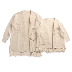 OEM Fall Autumn Clothes Cozy Mommy & Me Clothing Set Knitted Oversized Cardigan Family Match Sweater with Pocket