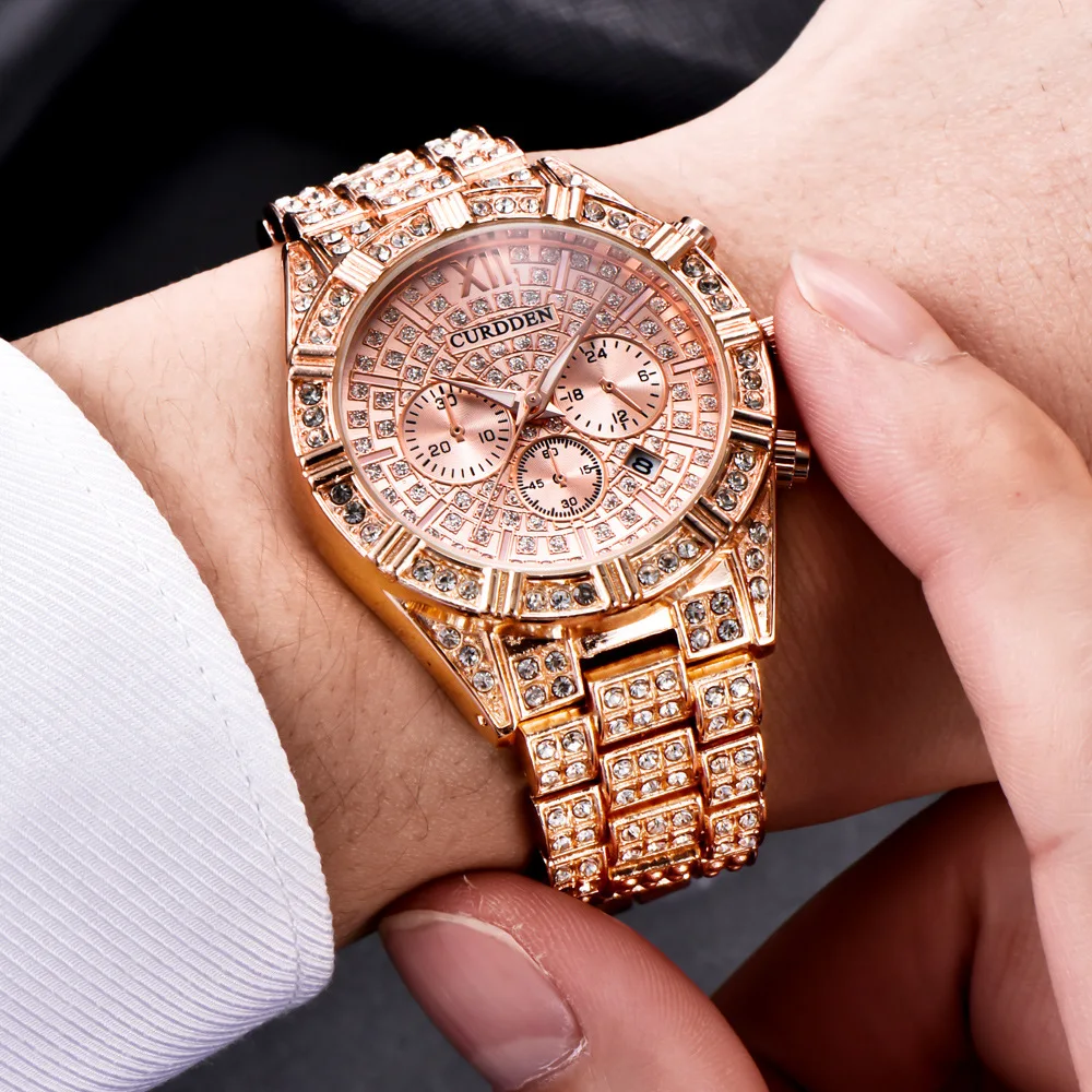 Hip Hop Full Diamond Gold Plated Watch Fashion Calendar Quartz Watch for  Men Wholesale