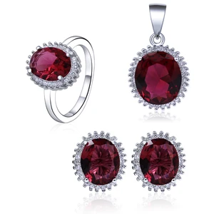 Classic Engagement 925 Sterling Silver Jewelry Sets Aaa Crystal Rhodium Plating Oval Gemstone Ruby Set Jewelry