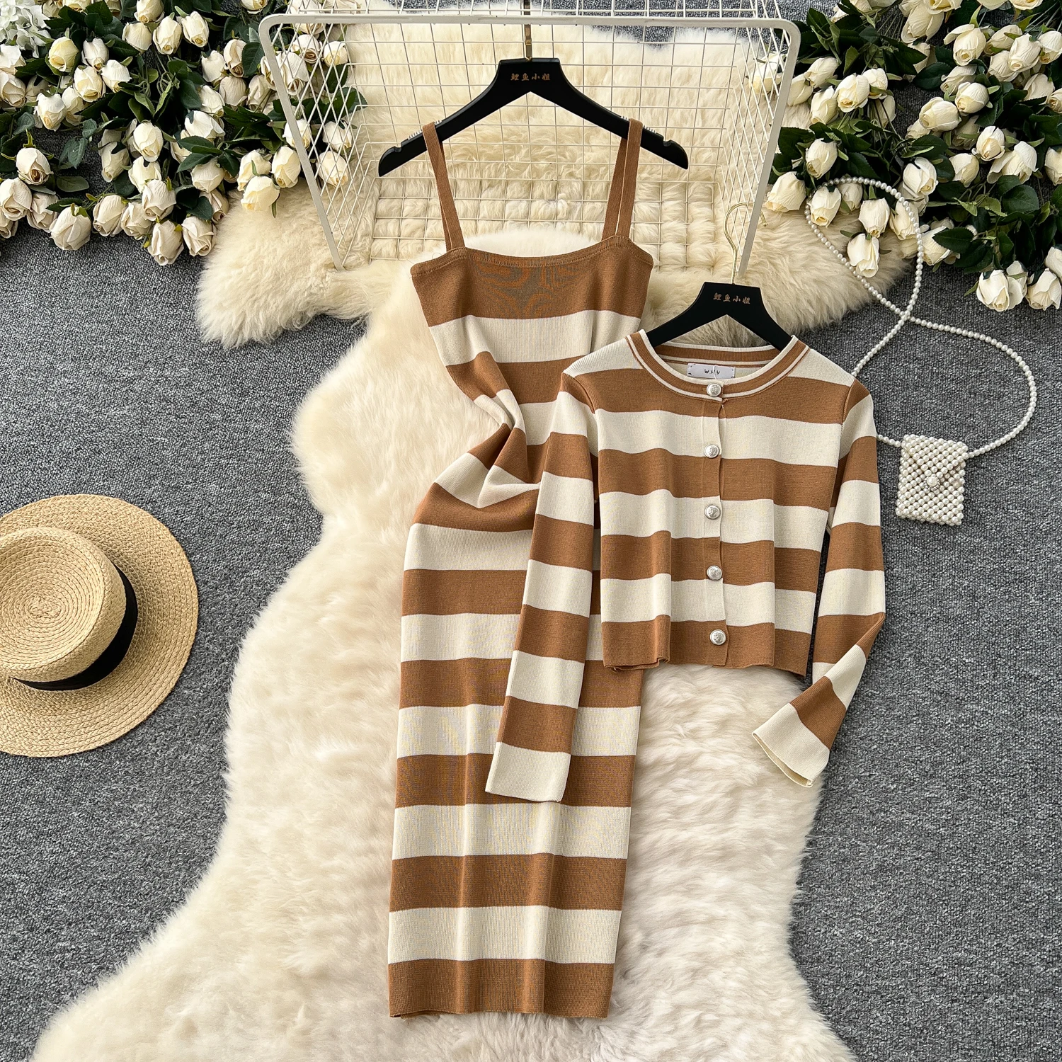 Women's Korean Sets O-Neck Tunic Top And Floral Printed Slim Knitted  Knitted Dress Set Clothing Wholesale