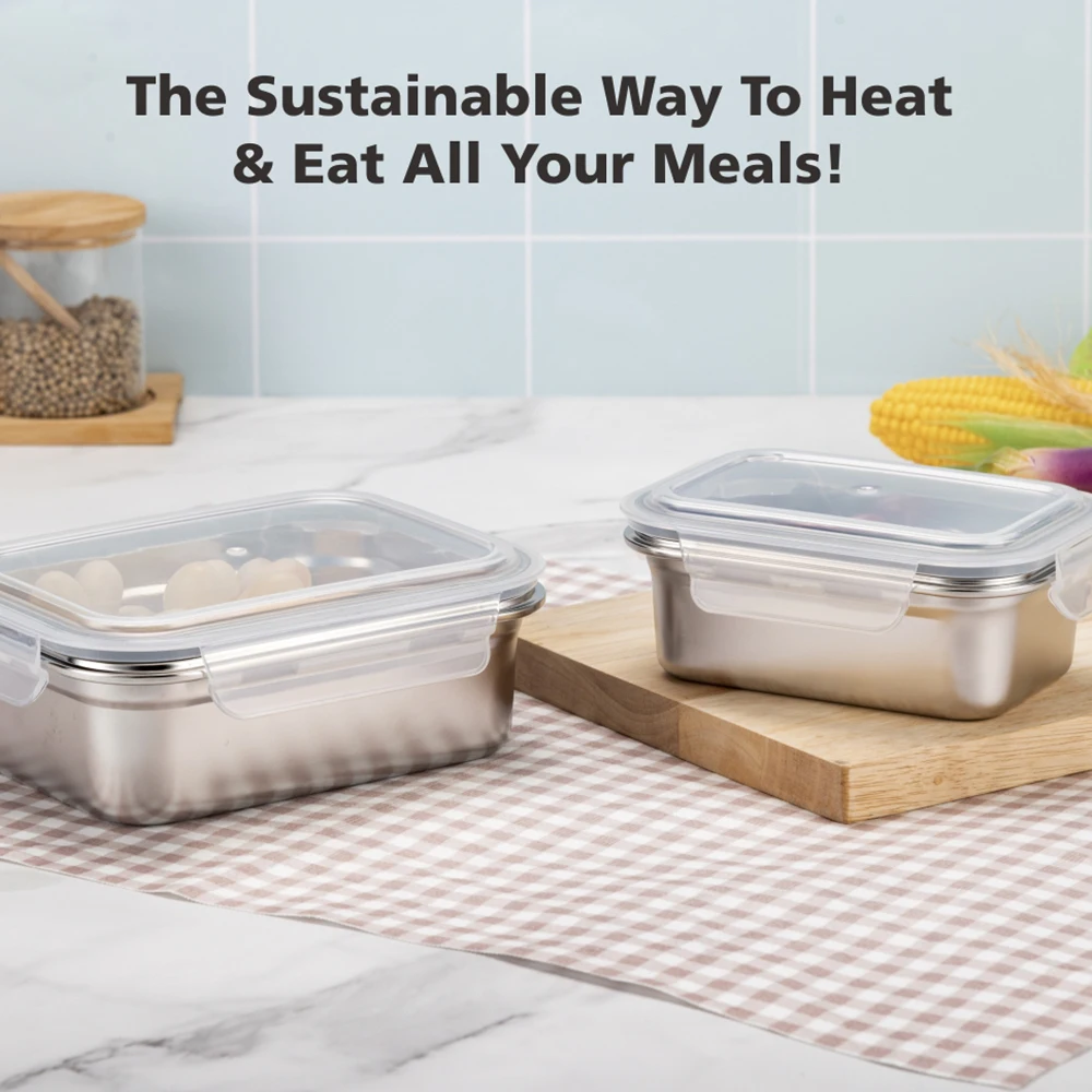 Stainless Steel Container For Microwave Safe,2pc Set Reusable Lunch Box