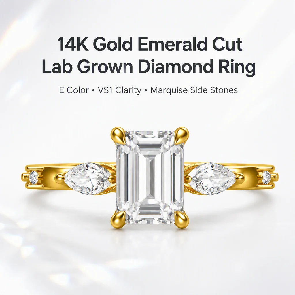 14K Gold Emerald Cut Lab Grown Diamond Ring Marquise Lab Created Diamond Engagement Ring Lab Diamond Rings for Women