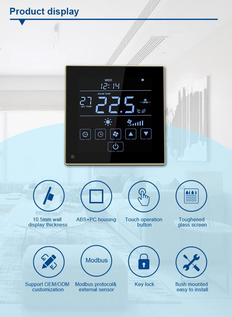 Bandary 7Day Programming Touch screen FCU Room Thermostat with External sensor factory