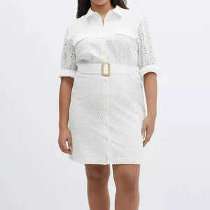 Wholesale Modest Dress Comfy Floral Eyelet Embroidered Belt Lined Slim Solid Mini Elegant Women Dresses