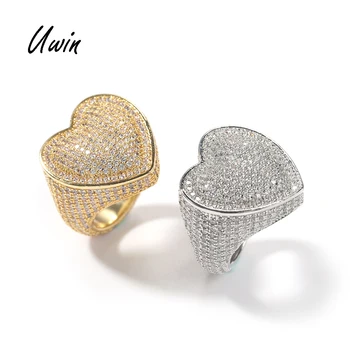 Hip Hop Iced Out Bubbly Heart Signet Ring 18K Gold Plating Zirconia Large Ring for Men Bling Rapper Jewelries