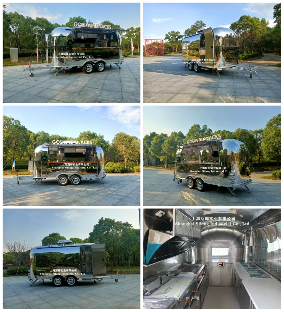 Airstream mobile camper kitchen pizza trailer with various cooking equipments salad refrigeration churro coffee food cart details