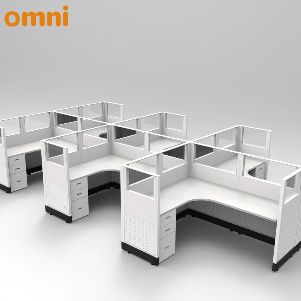 OMNI Modern 3-Seat Modular Open Plan Call Center Office Staff Cubicles Workstation Desk L-Shape Expandable Adjustable Aluminium