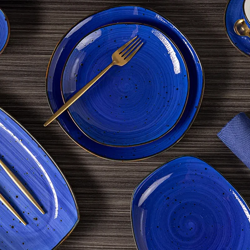 Hand Painted Rustic Earth-Yellow Rim Ceramic Tableware Multiple Color Porcelain Catering Crockery Sets Dinnerware for Restaurant