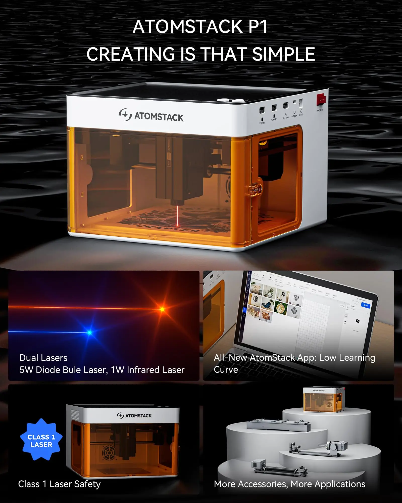 ATOMSTACK P1 Portable Laser Engraver Machine 5W Diode, 10000m/min OEM