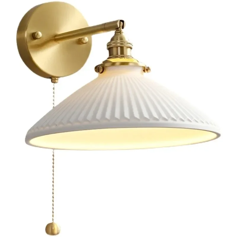 Brass Ceramic LED Wall Lamp Pull Switch Sconce Bedroom Bedside Interior Wall Light Home Decorative Lighting LED Wall Light