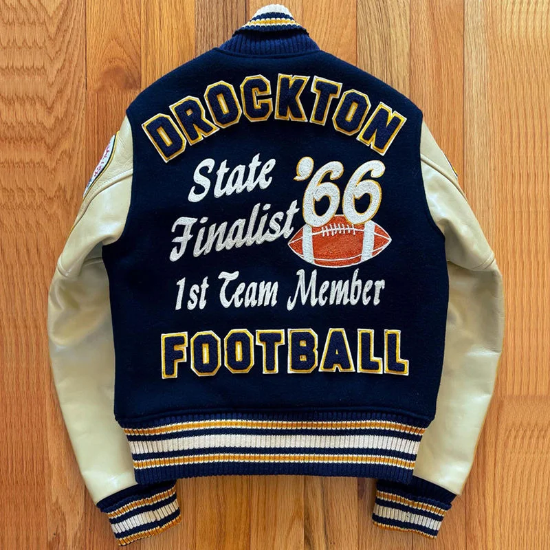SALATI Manufacture OEM Custom Logo Embroidery Bomber Jackets Leather Sleeves Retro Letterman Baseball Varsity Jacket for Men gallery 3