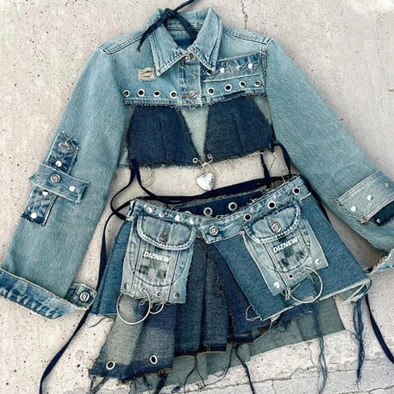 DIZNEW Custom Designer Fashion Sexy Denim Skirt Women Y2k Short Denim Top  and Denim Skirt Piece Set for Women