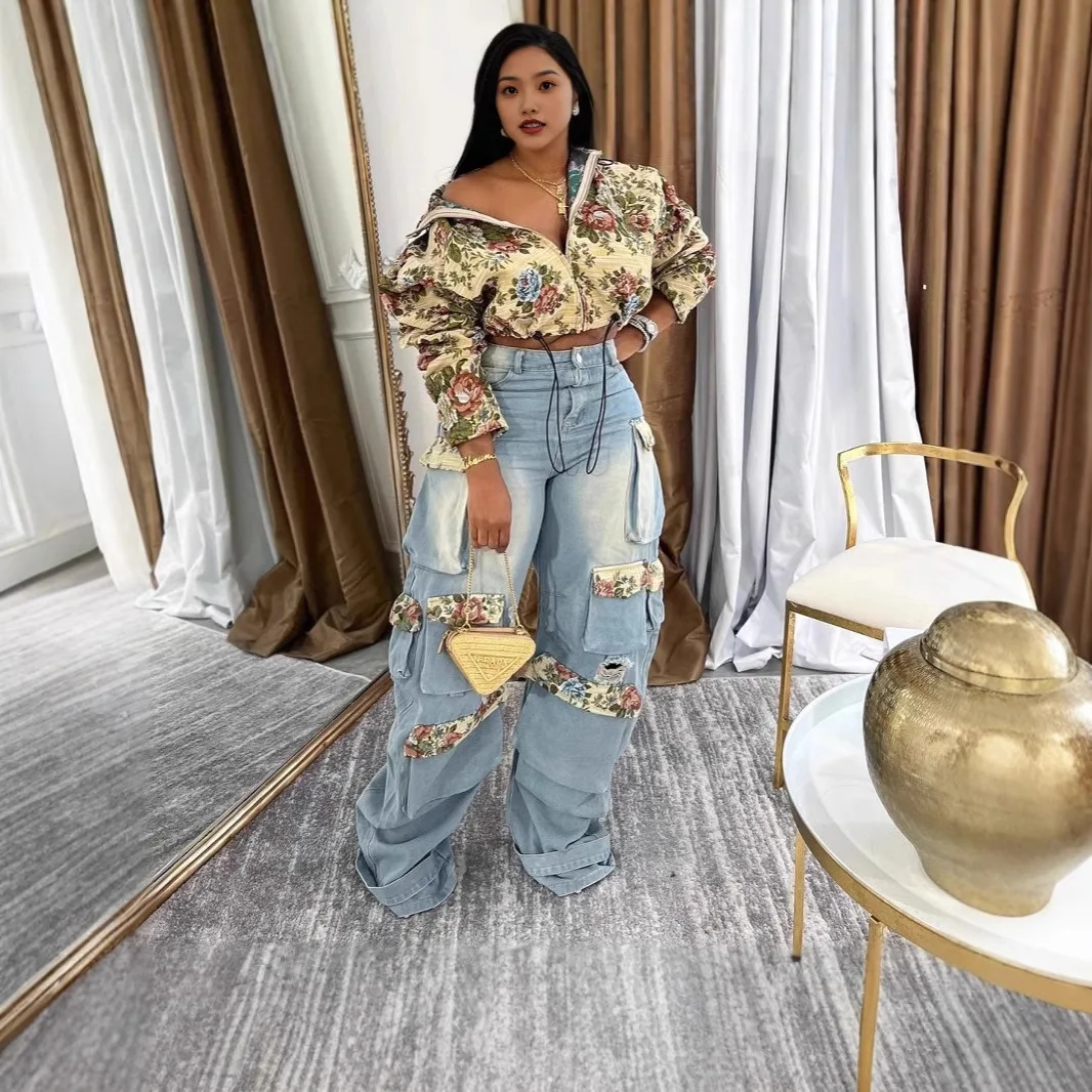 Autumn New Fashion Vintage Jacquard Floral Denim Cargo Pants Regular Fit Medium Wash