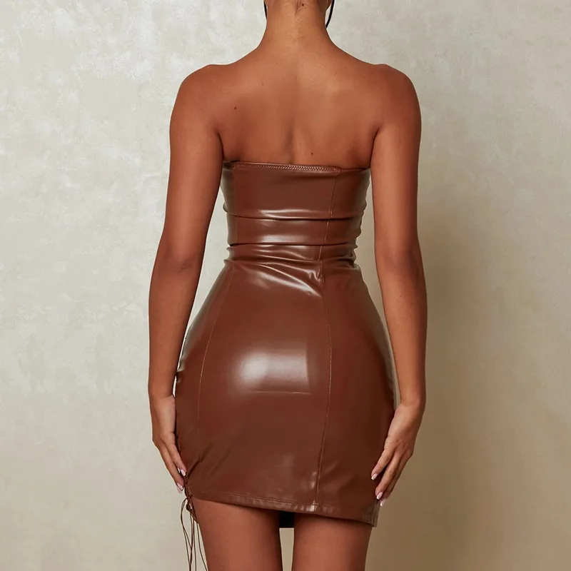 Sexy Strapless PU Leather Women Dress Brown Sleeveless Hollow Out Mini  Dress Autumn Fashion Bodycon Party Dress