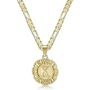 14K Gold Plated round Letter Pendant Necklace Classic Women's Girl's Monogram Necklace with A-Z Figaro Chain for Wedding Party