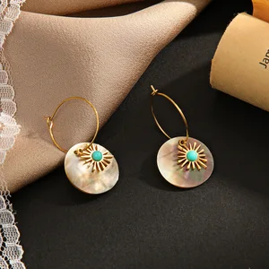 MW New High-End Fashion Natural Shell Pendant Circle Earring 18K Gold Plated Stainless Steel Hoop Earrings for Women Wholesale