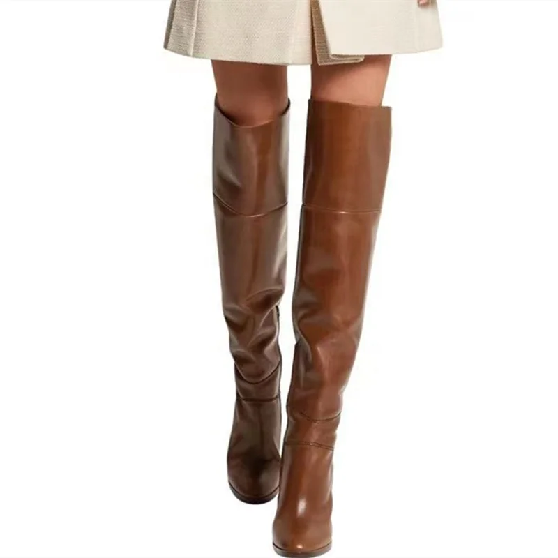 Roman Shoes Brown Leather Knight Boots for Men Women Chunky High Heel Round Toe Back Cut Comfortable Winter Boots Over the Knee