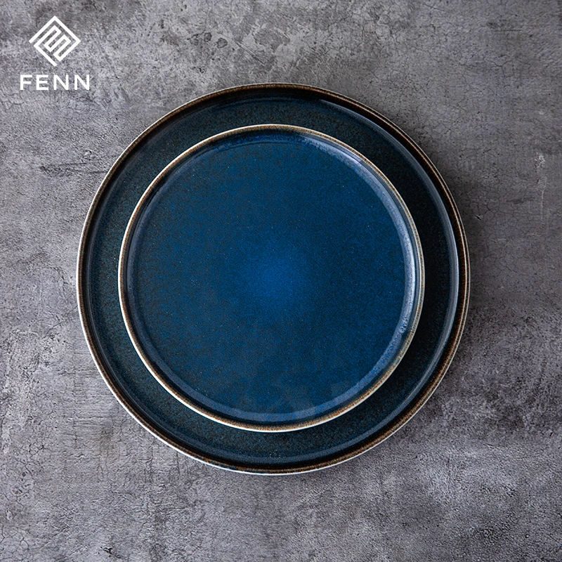 Modern Unique Reactive Blue Color Dining Room Dinner Plates High Straight Edge Round Steak Plate Hotel Used Pasta Plate Ceramic