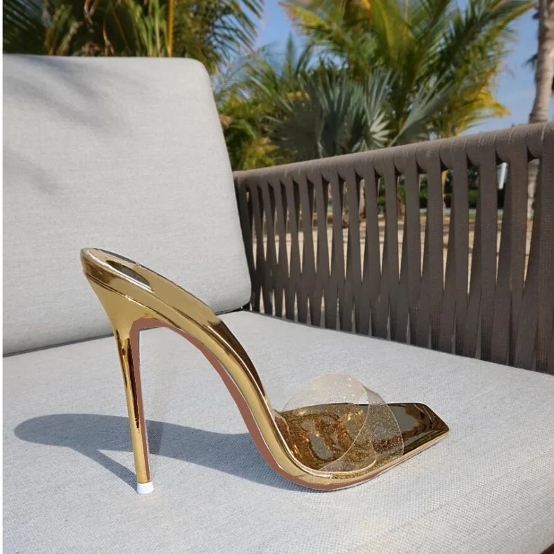 Gold Transparent 2025 Heels Slippers Ladies Fashion Female Mules Slides  Summer Shoes Silver Green PVC Jelly Sandals for Women