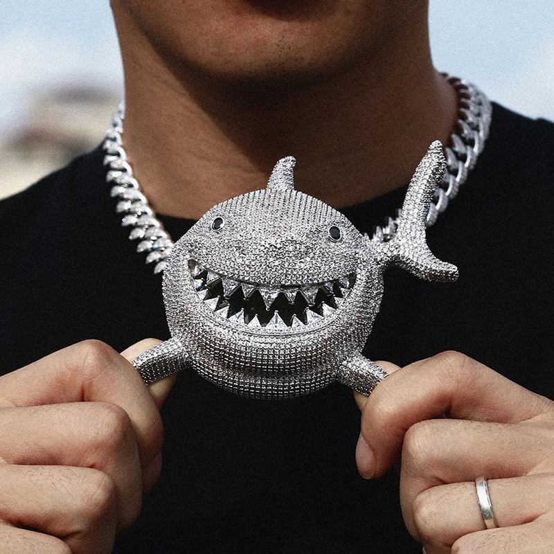 Custom Large Shark Diamond Pendants Necklace Gold Plated Brass Full Zircon  Iced Out Jewelry Hip Hop Pendant for Men Women