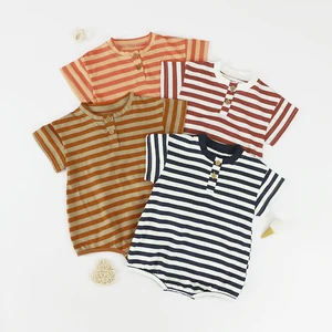 New Hot Sale Newborn Cotton Boys Girls Infant Striped Jumpsuit With Snap Button Crew Neck Short Sleeve Baby Rompers