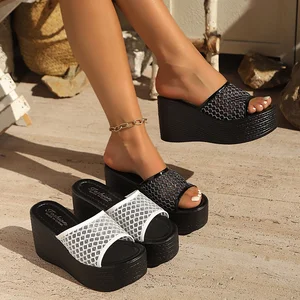 QuiteS New Summer Collection Wholesale Large Size Women's Outdoor One-Line Casual Beach Shoes Thick-Soled Wedge-Heel Plus Size