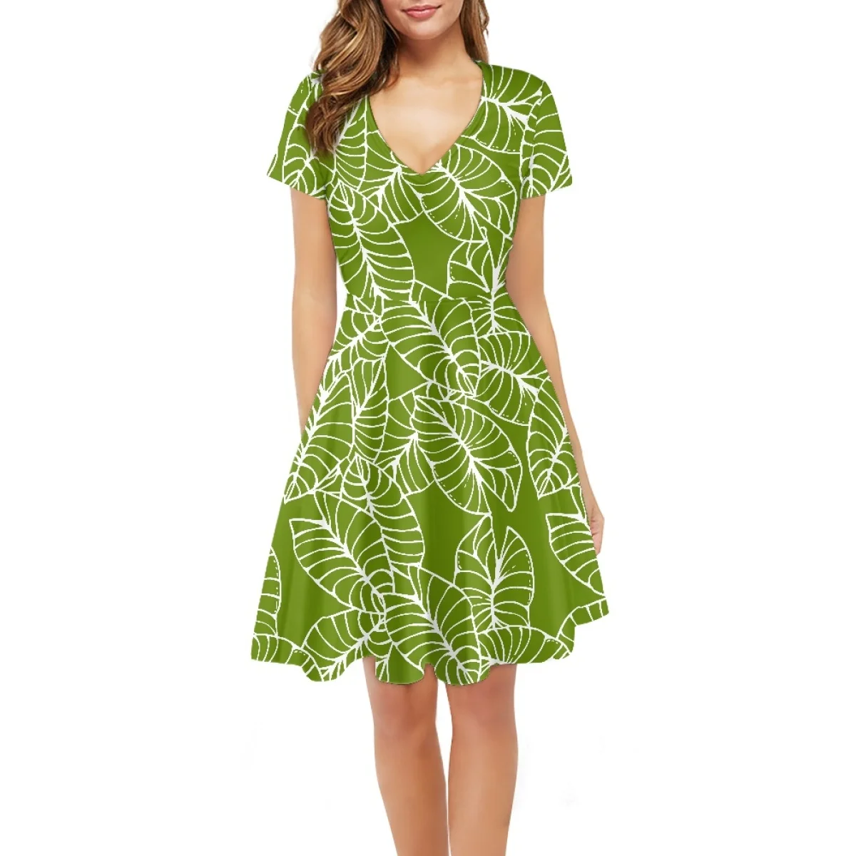 Hawaii Specialties Short Sleeve V-Neck Dress for Women Taro Leaf Art  Pattern Print Summer Elegant Lady Dresses Casual Wear