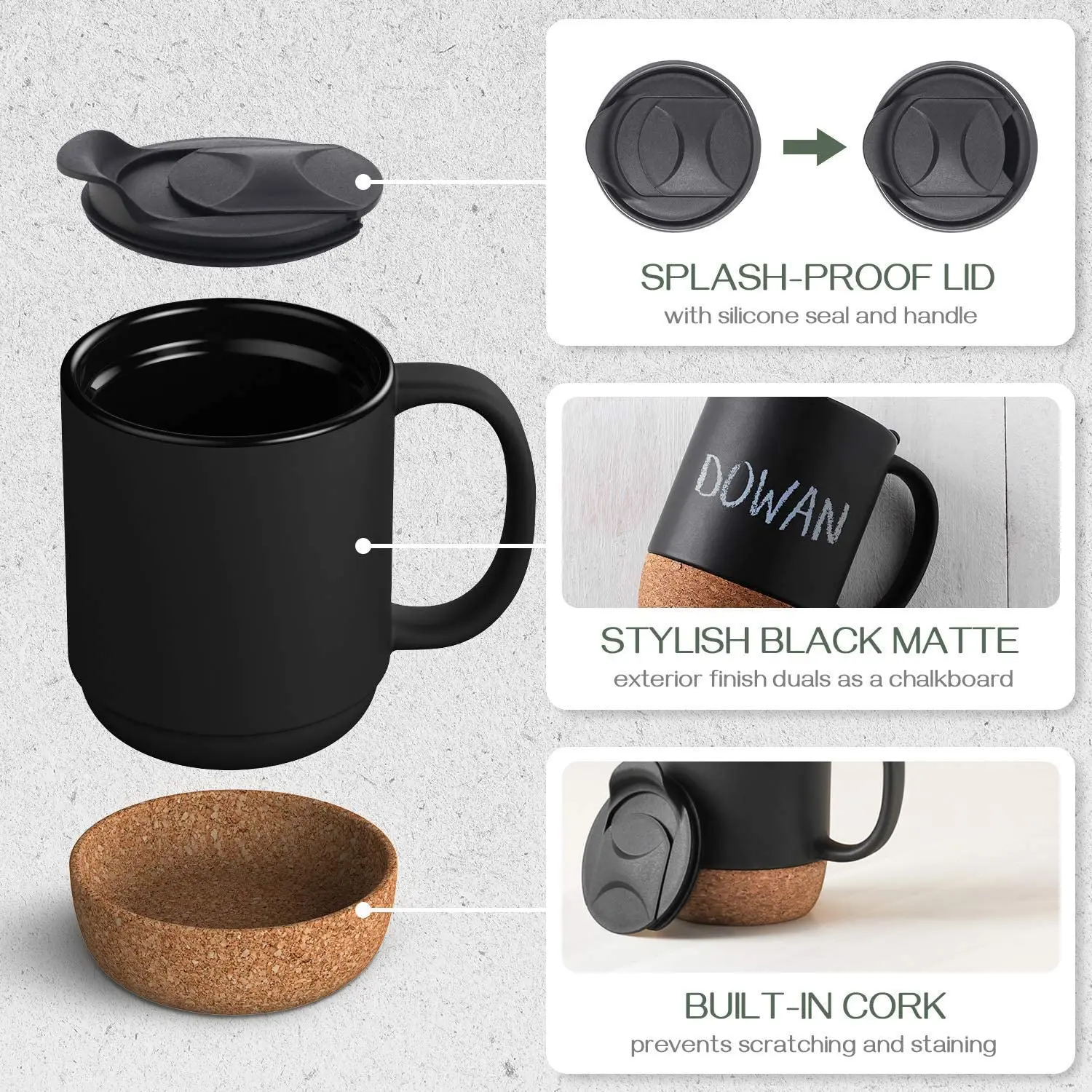 Ceramic Matte Black Mug Set With Cork Bottom And Spillresistant Lid