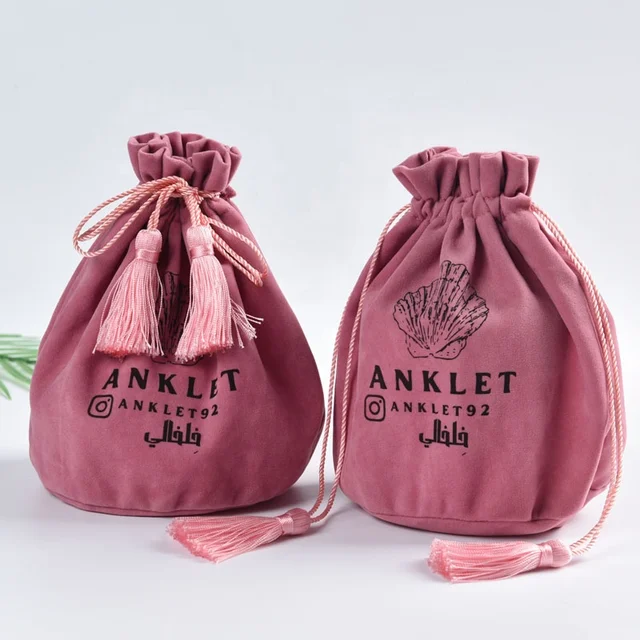 Luxury custom logo drawstring suede velvet pouch satin lining perfume party gift bags