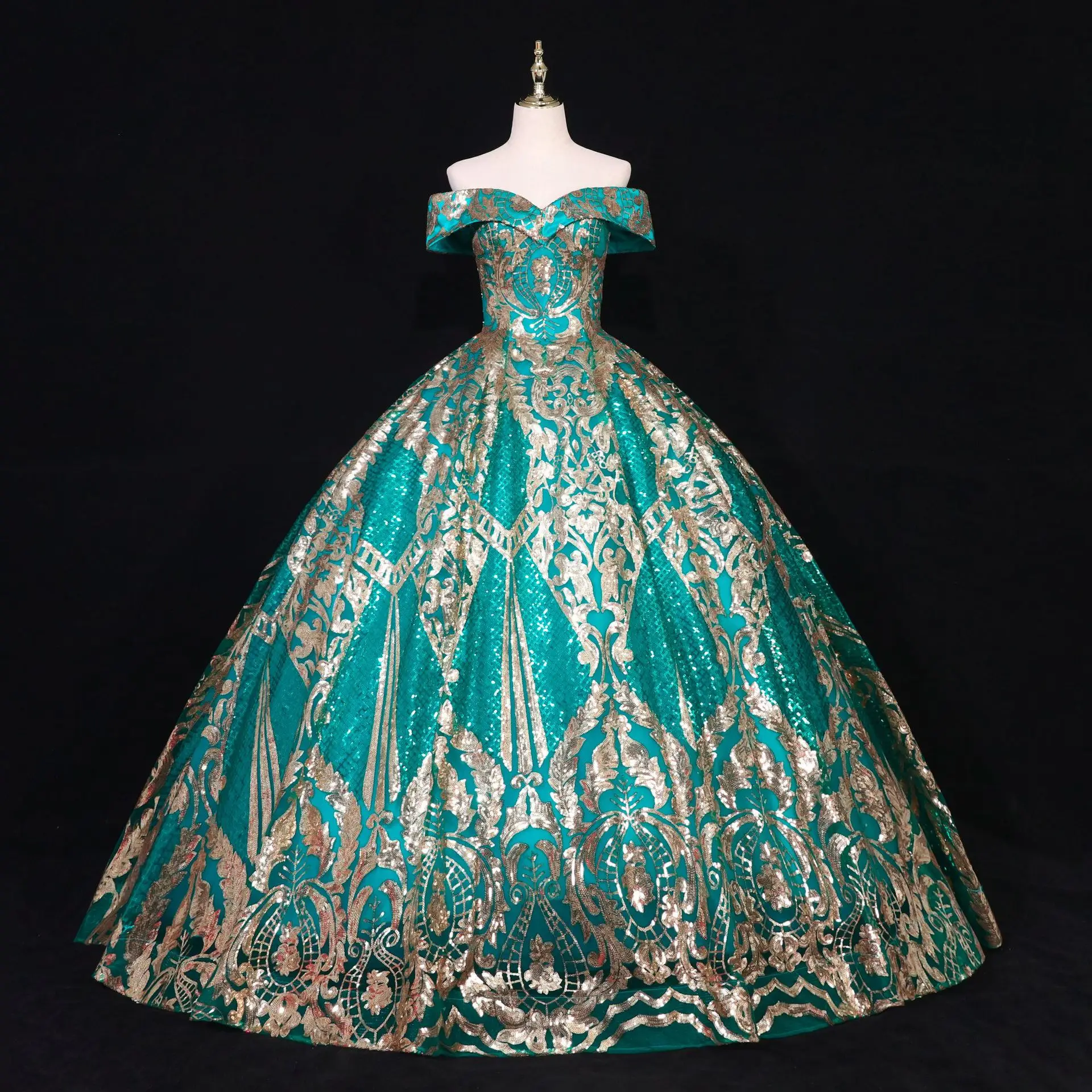 Vintage Elegant Luxury Light Green Off-shoulder Women Lace Sequins Ball  Gown Party Evening Dresses