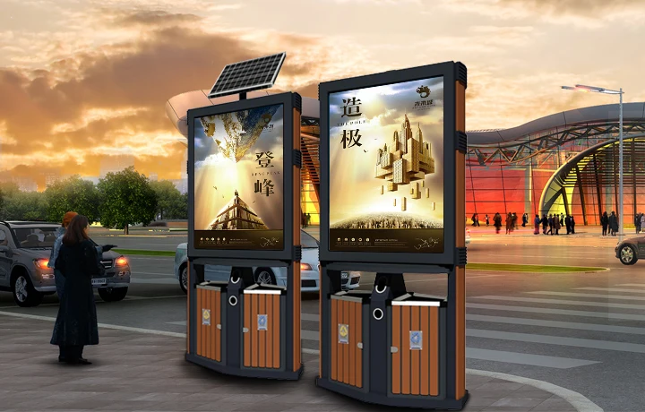 Заводской образец солнечный мусорный уплотнитель для мусора мусорные контейнеры с прокруткой двойной светодиодный световой короб рекламная панель