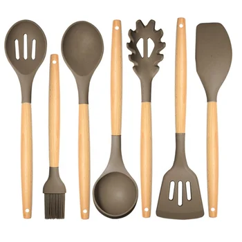 OEM ODM High Quality 7 Pieces Silicone Cooking Baking Utensils Kitchen Utensil Tool Set with Wooden Handle