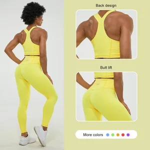 Hot Selling Factory Custom Logo Yoga Wear Activewear Fitness Set Sexy Sports Bra and Leggings with Front Logo Solid Pattern