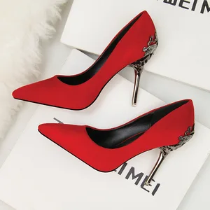 Fashion Trend Women's Shoes Pointed Toe High Heel Wedding Shoes Wholesale Red Bridal Shoes Metal Hollow Suede Stiletto Heels