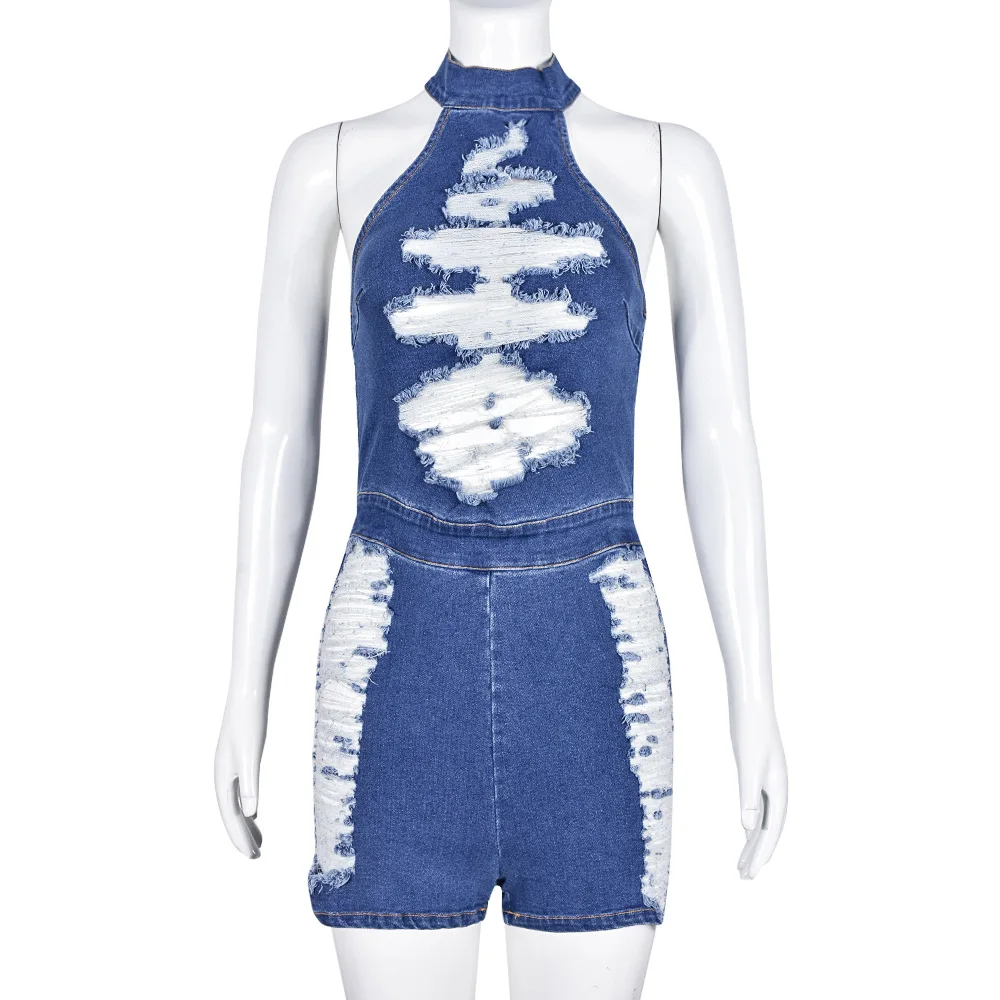 Mono vaquero con cremallera en la espalda y cuello Halter para - Main Image