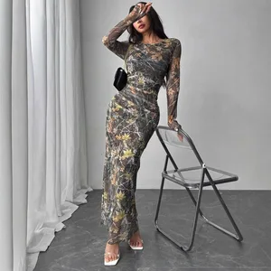 Shirring Maxi Dress Camouflage Leaf Pattern Mesh Women Dresses Trend Tie Dye Pleated Long Skirt Long Sleeved