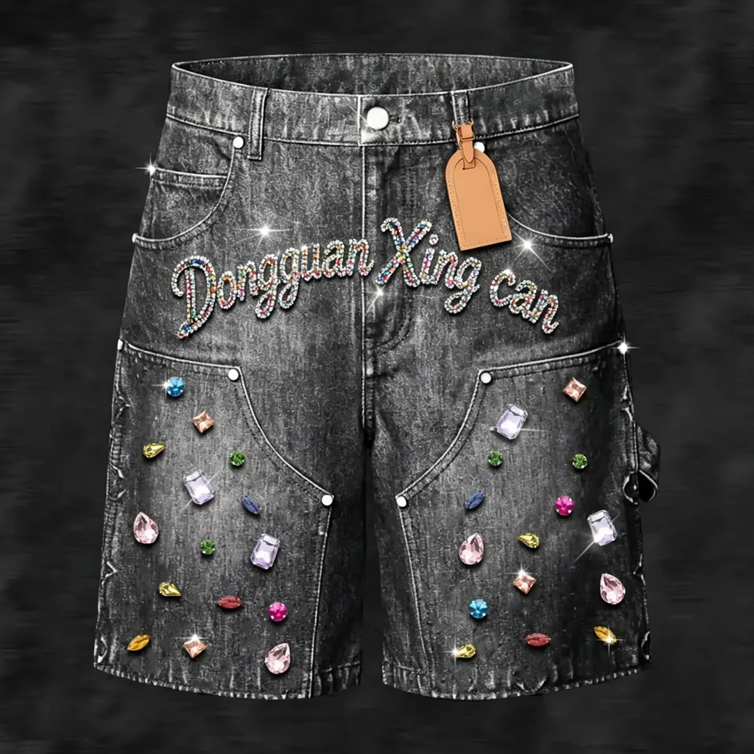 Tilpassede streetwear-bukser i høj kvalitet fra årtusindeskiftet (Y2K) med forældet udseende og broderipatches – fremstiller af cargo-bukser til mænd med strass-jorts.
