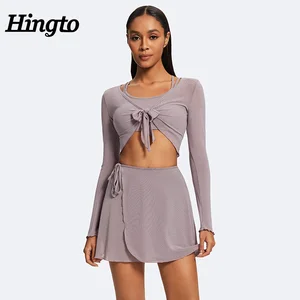 High Quality Custom Wholesales New Trend 2 Pieces Long Sleeve Tie up Mesh Short Cardigan and Women's Detachable Mesh Petal Skirt