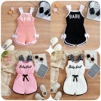 HHY 2024 New Kids Girls Summer Suspender Jumpsuit Backless Overalls Ruffled Sleeveless Letter Print Pullover Jumpsuit