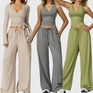 Wholesale 2026 Women Sports Outfit Yoga Tracksuit 3pcs Gym Fitness Workout Blank Puff Printed Faction Activewear for Ladies