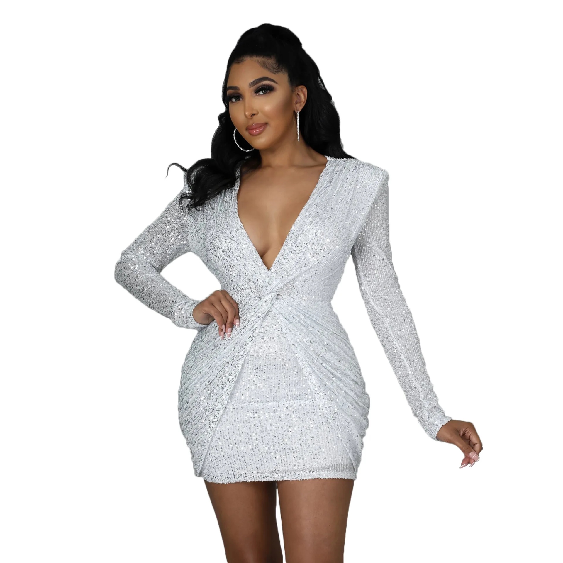 Women Sexy Dress Solid Sequin V-nack 
