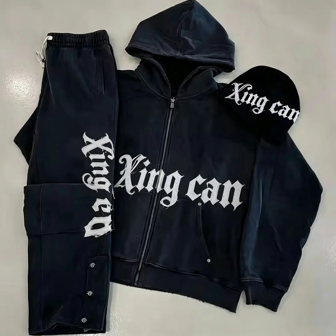 Herres vintage gade-tøj jogging-sæt i 100 % bomuld, overdimensioneret, løst hoodie og sweatpants med lynlås, patches, broderi og strikket sportstøj